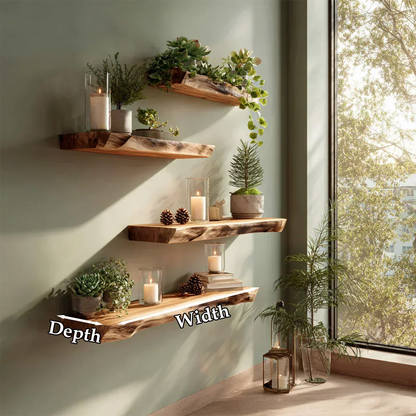 Live Edge Natural Solid Wood Floating Shelves – Green Serenity Edition - Rustirawood