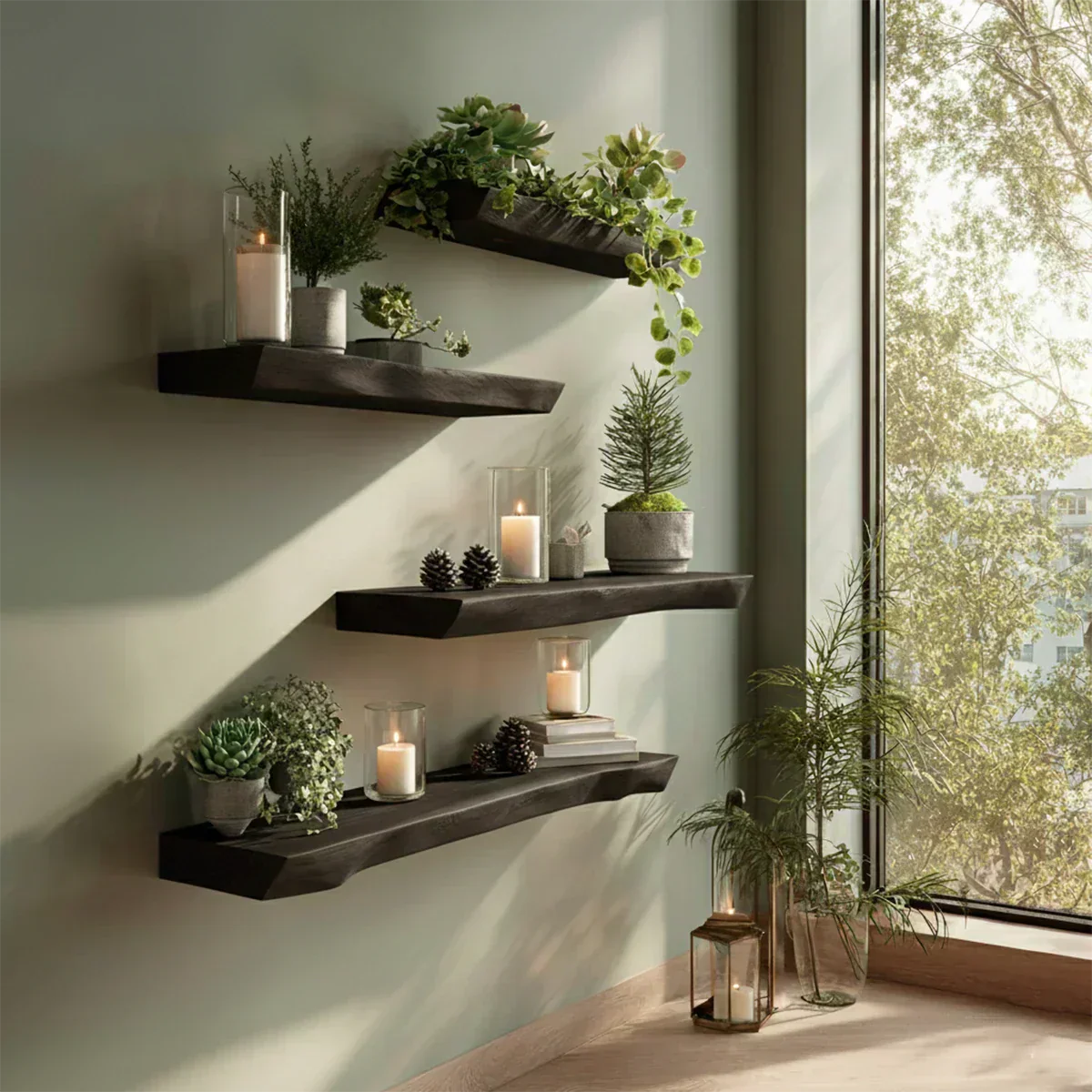 Live Edge Natural Solid Wood Floating Shelves – Green Serenity Edition - Rustirawood