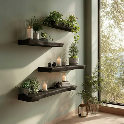 Live Edge Natural Solid Wood Floating Shelves – Green Serenity Edition - Rustirawood
