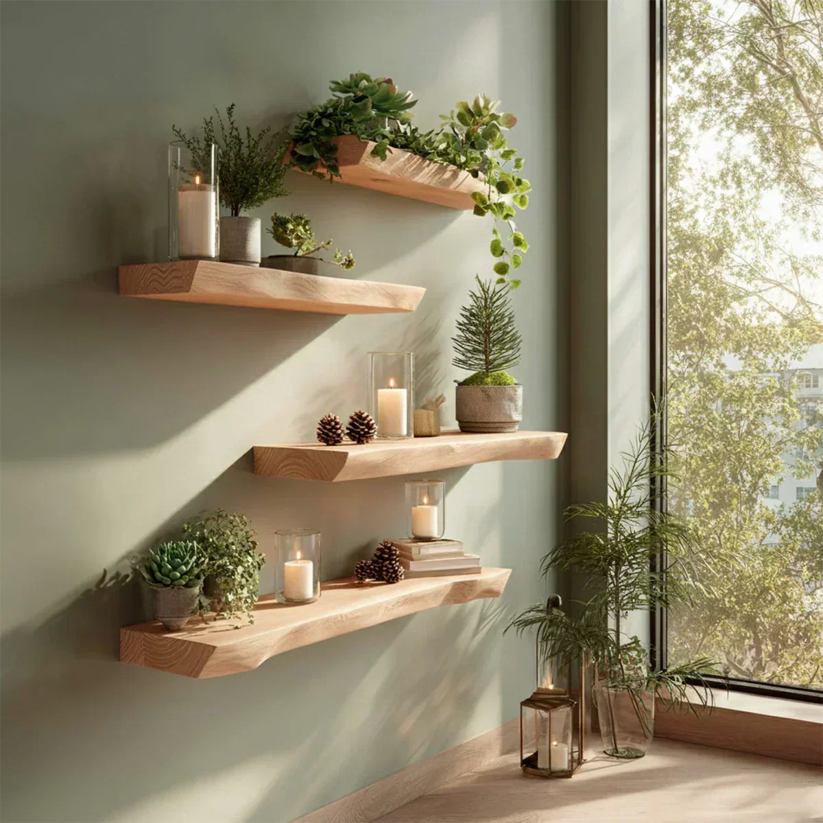 Live Edge Natural Solid Wood Floating Shelves – Green Serenity Edition - Rustirawood