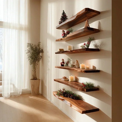 Live Edge Natural Solid Wood Floating Shelves – Holiday Warmth Edition - Rustirawood