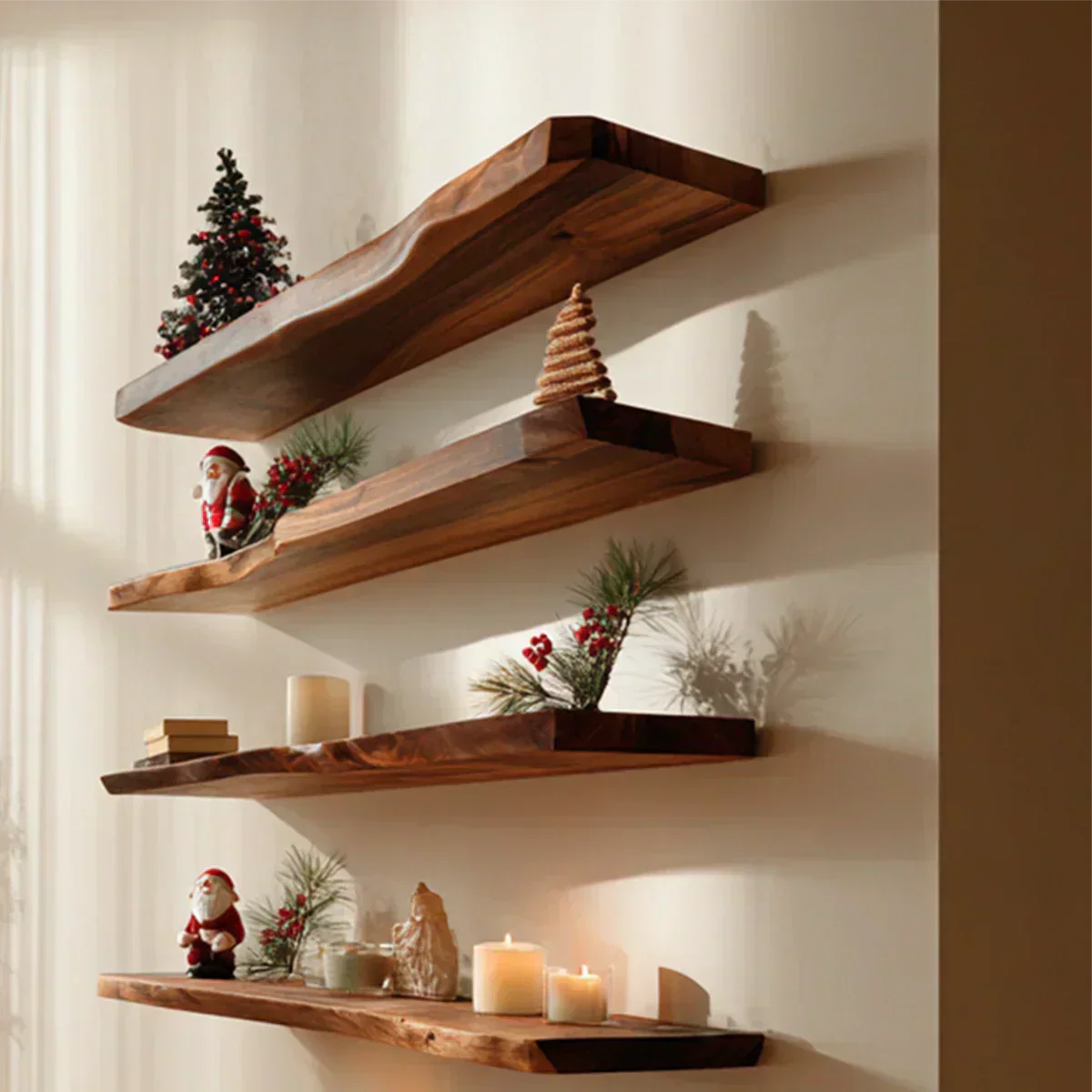 Live Edge Natural Solid Wood Floating Shelves – Holiday Warmth Edition - Rustirawood