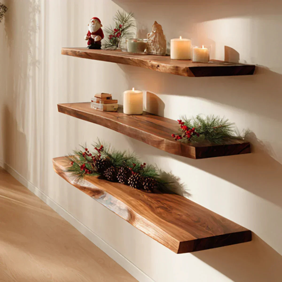 Live Edge Natural Solid Wood Floating Shelves – Holiday Warmth Edition - Rustirawood