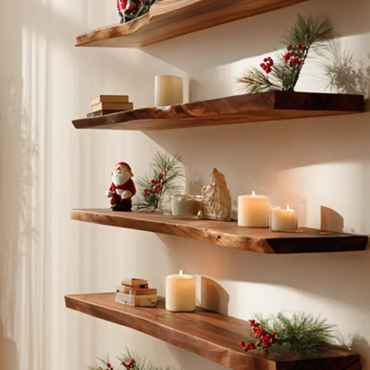 Live Edge Natural Solid Wood Floating Shelves – Holiday Warmth Edition - Rustirawood