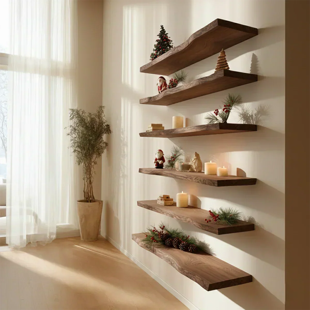 Live Edge Natural Solid Wood Floating Shelves – Holiday Warmth Edition - Rustirawood