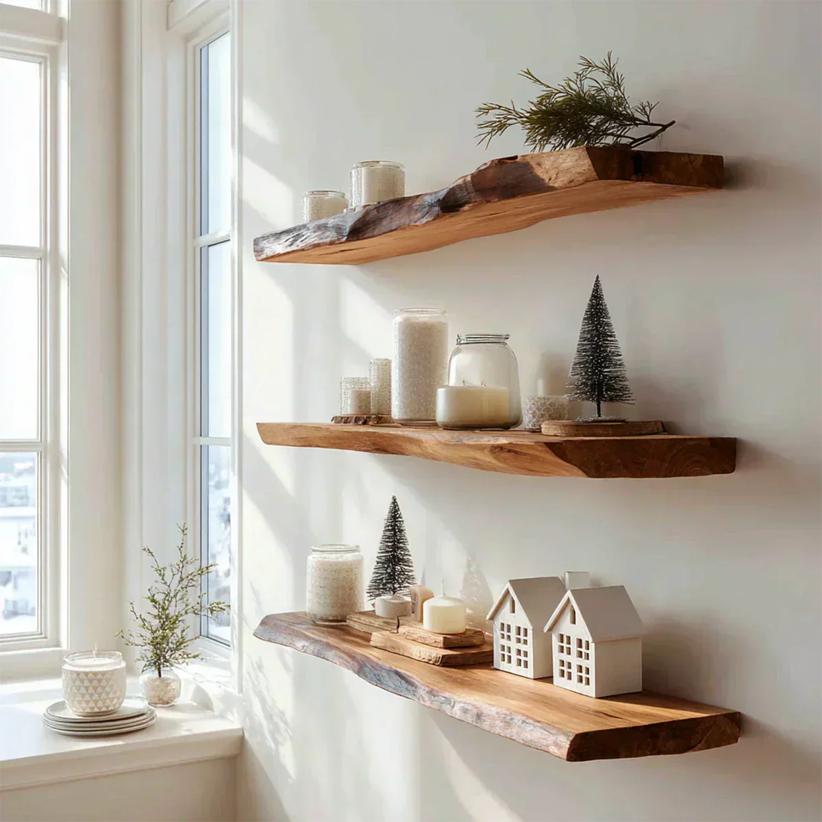 Live Edge Natural Solid Wood Floating Shelves – Minimal Winter Display - Rustirawood