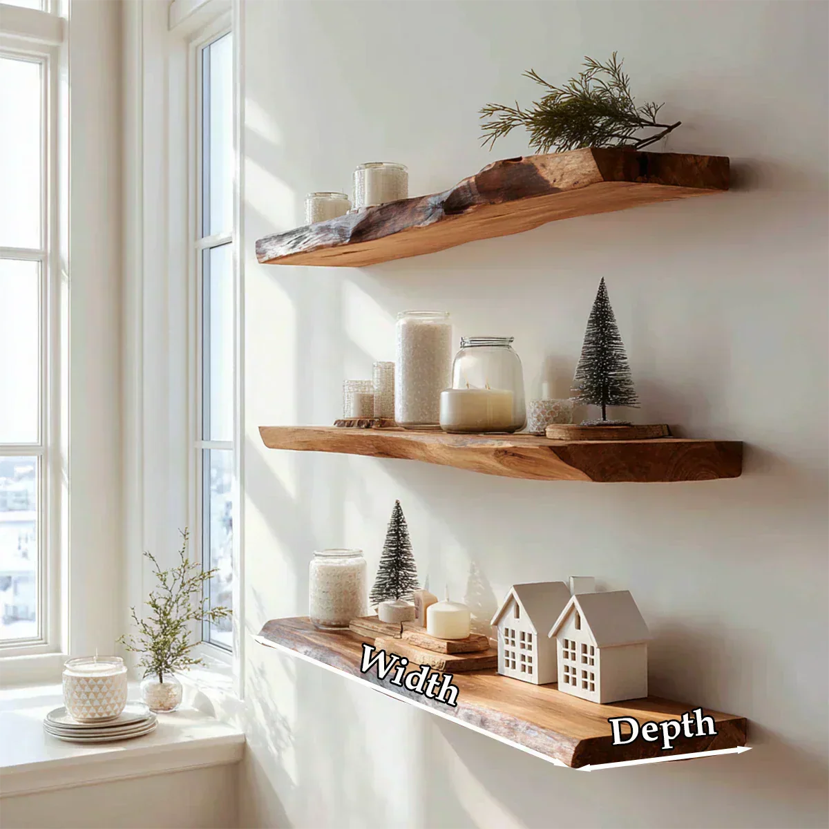 Live Edge Natural Solid Wood Floating Shelves – Minimal Winter Display - Rustirawood