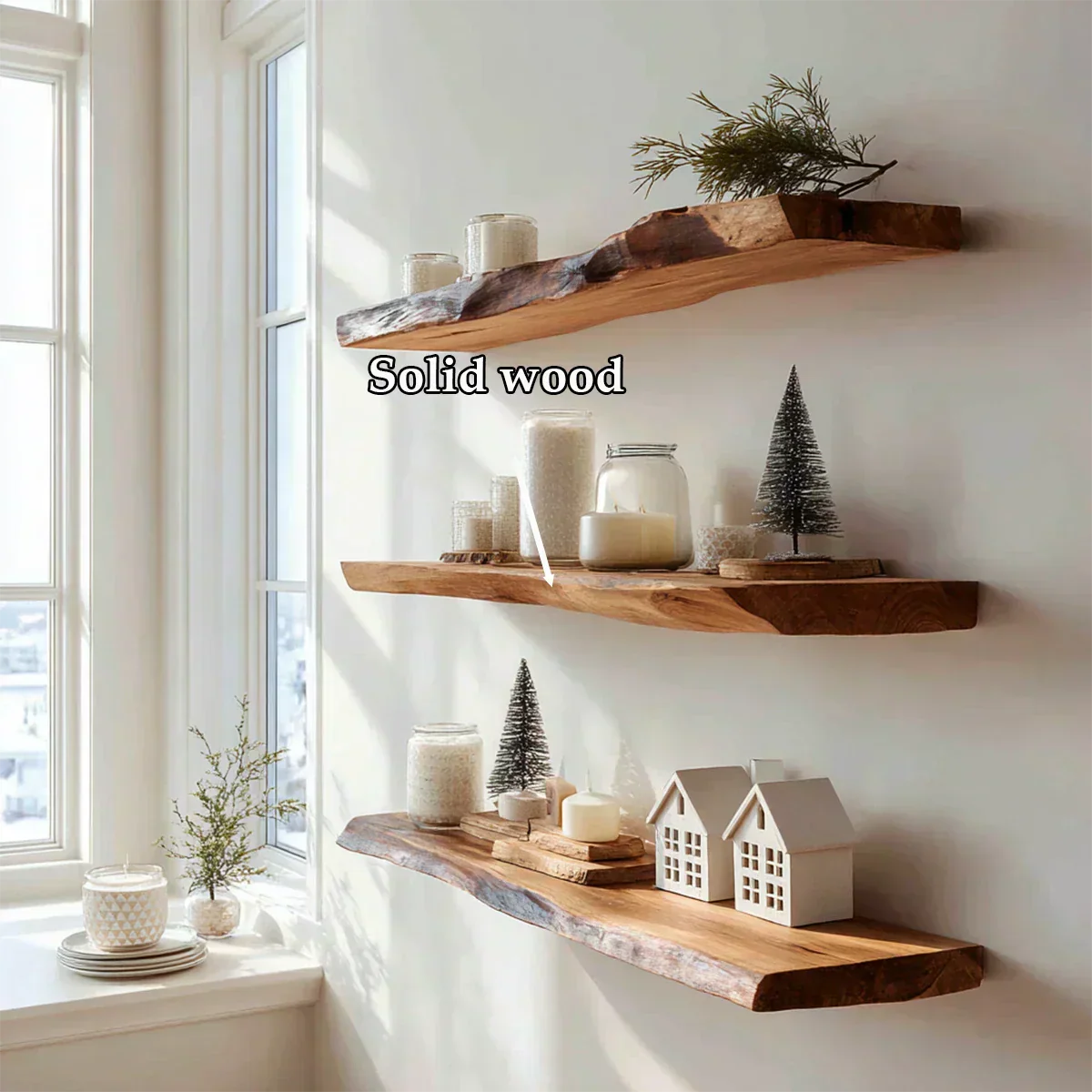 Live Edge Natural Solid Wood Floating Shelves – Minimal Winter Display - Rustirawood