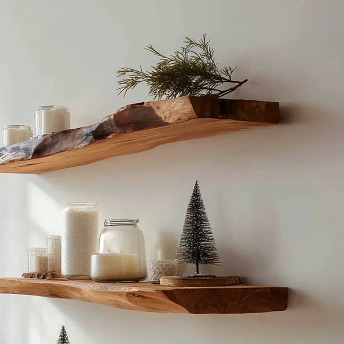 Live Edge Natural Solid Wood Floating Shelves – Minimal Winter Display - Rustirawood