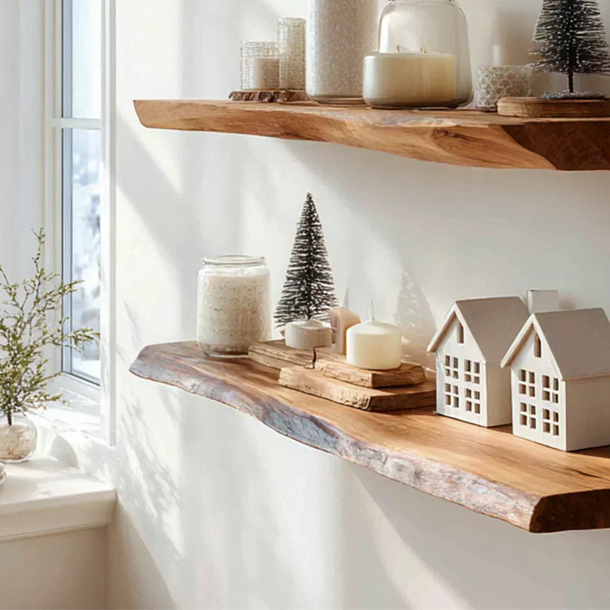 Live Edge Natural Solid Wood Floating Shelves – Minimal Winter Display - Rustirawood