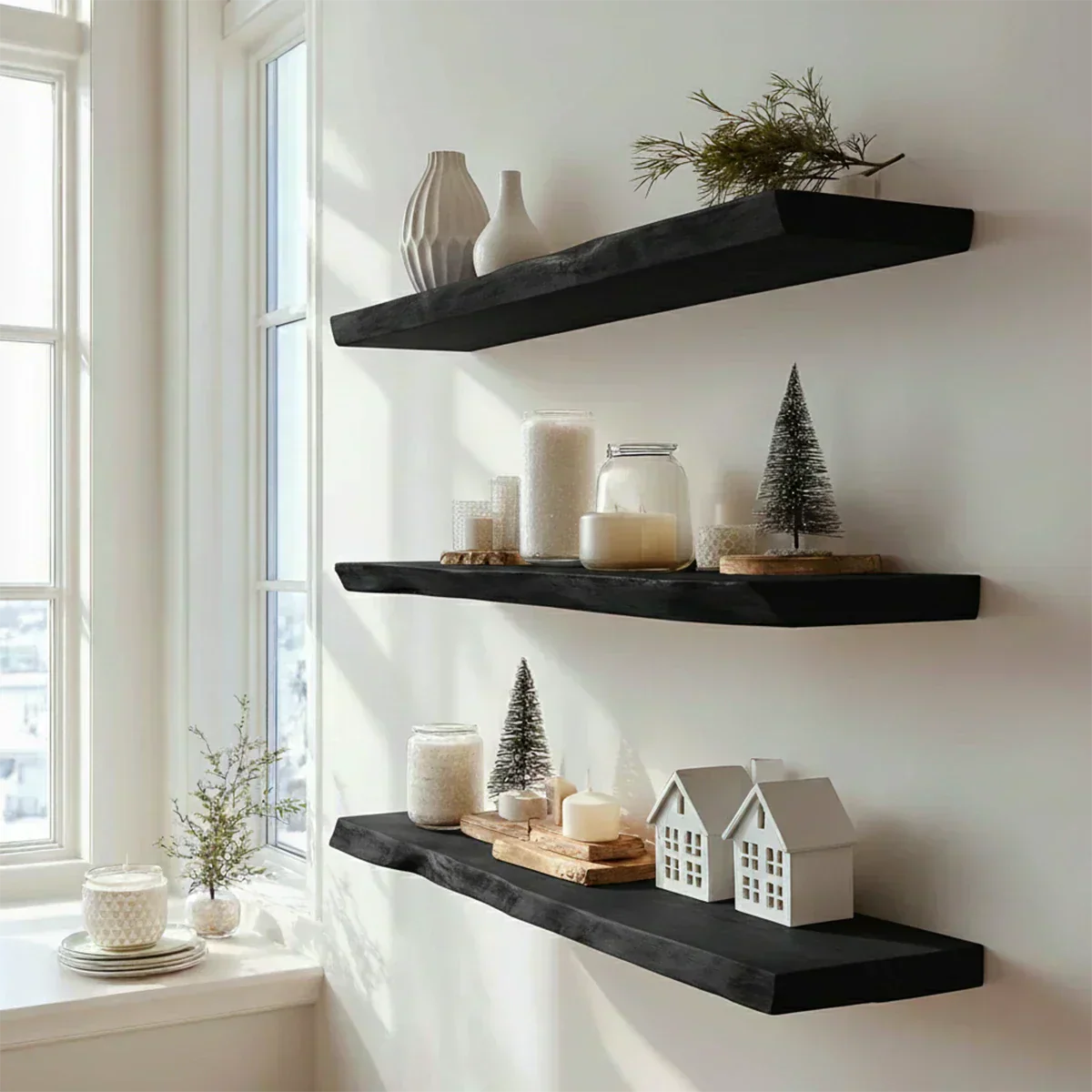 Live Edge Natural Solid Wood Floating Shelves – Minimal Winter Display - Rustirawood