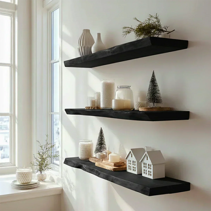 Live Edge Natural Solid Wood Floating Shelves – Minimal Winter Display - Rustirawood