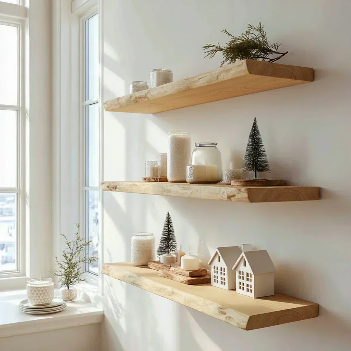 Live Edge Natural Solid Wood Floating Shelves – Minimal Winter Display - Rustirawood