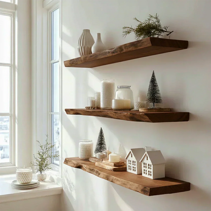 Live Edge Natural Solid Wood Floating Shelves – Minimal Winter Display - Rustirawood