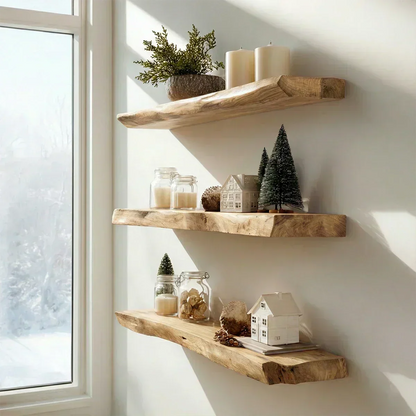 Live Edge Natural Solid Wood Floating Shelves - Rustirawood