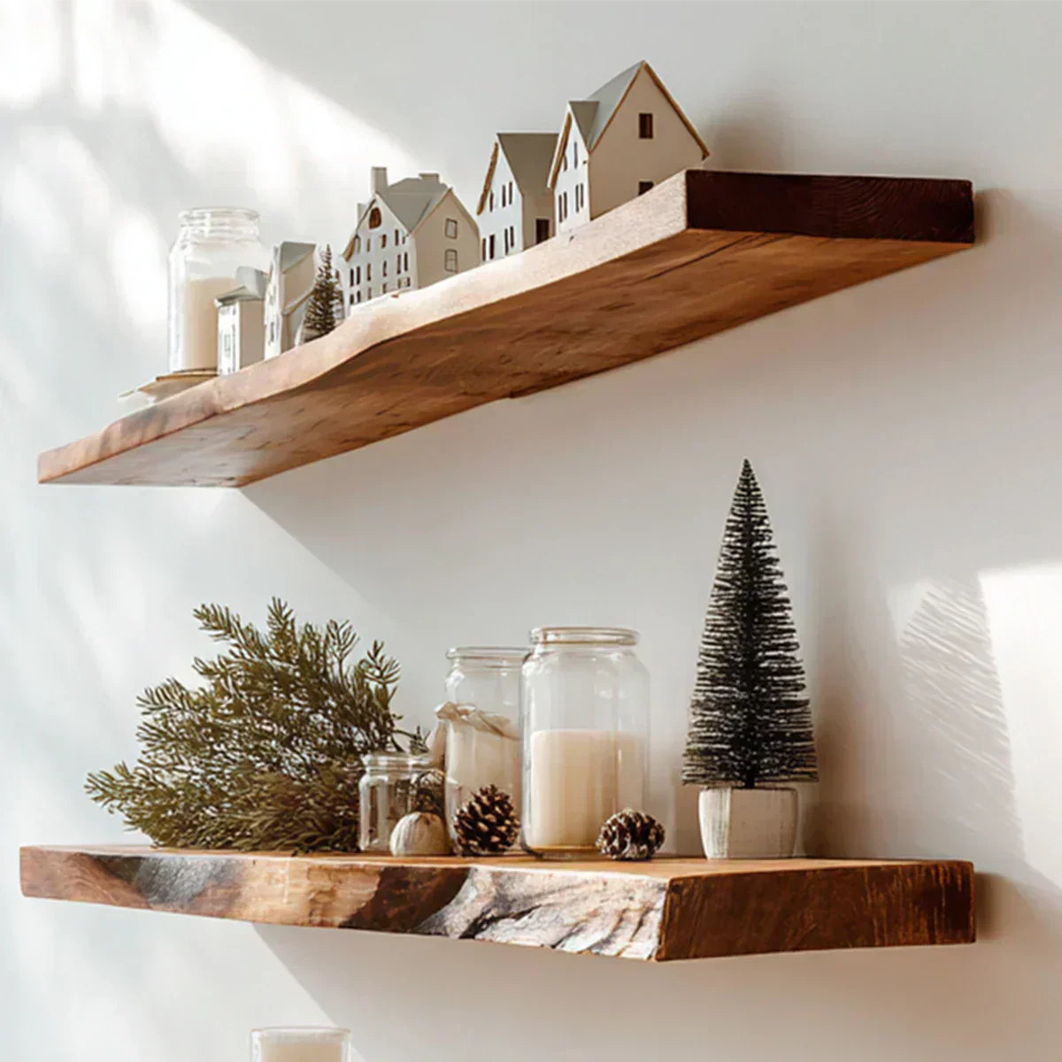 Live Edge Natural Solid Wood Floating Shelves – Snowlight Edition - Rustirawood