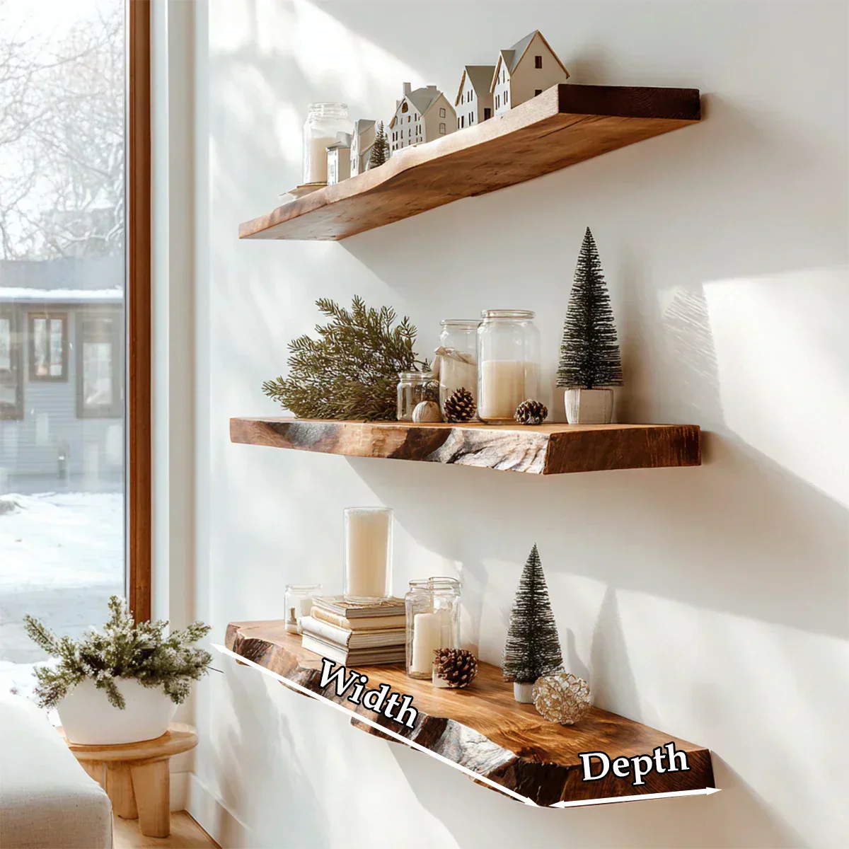 Live Edge Natural Solid Wood Floating Shelves – Snowlight Edition - Rustirawood
