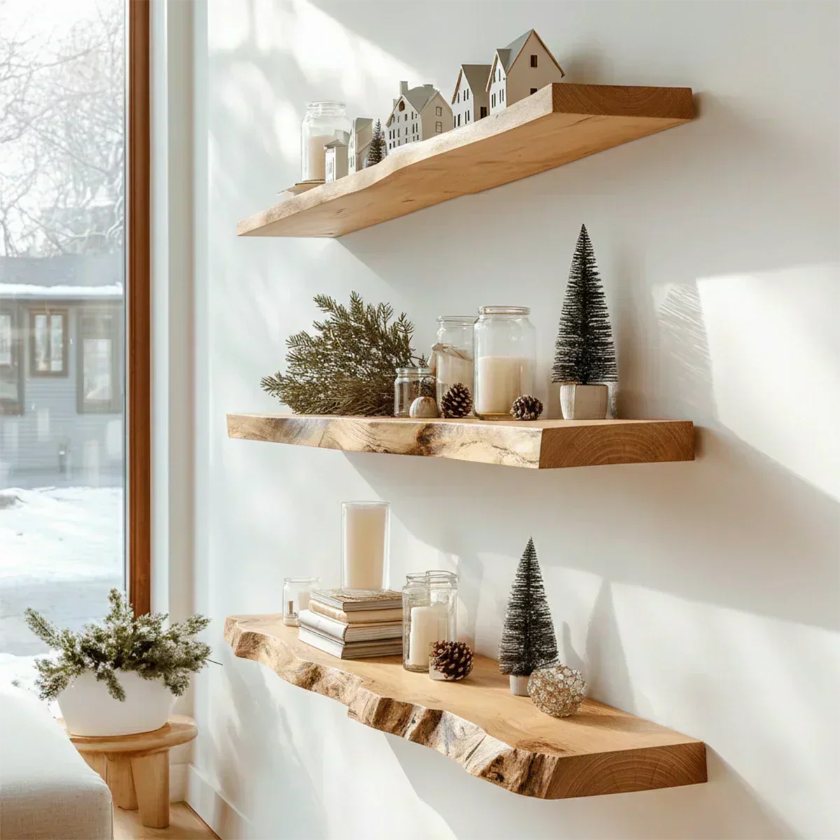 Live Edge Natural Solid Wood Floating Shelves – Snowlight Edition - Rustirawood