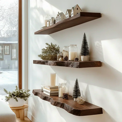 Live Edge Natural Solid Wood Floating Shelves – Snowlight Edition - Rustirawood