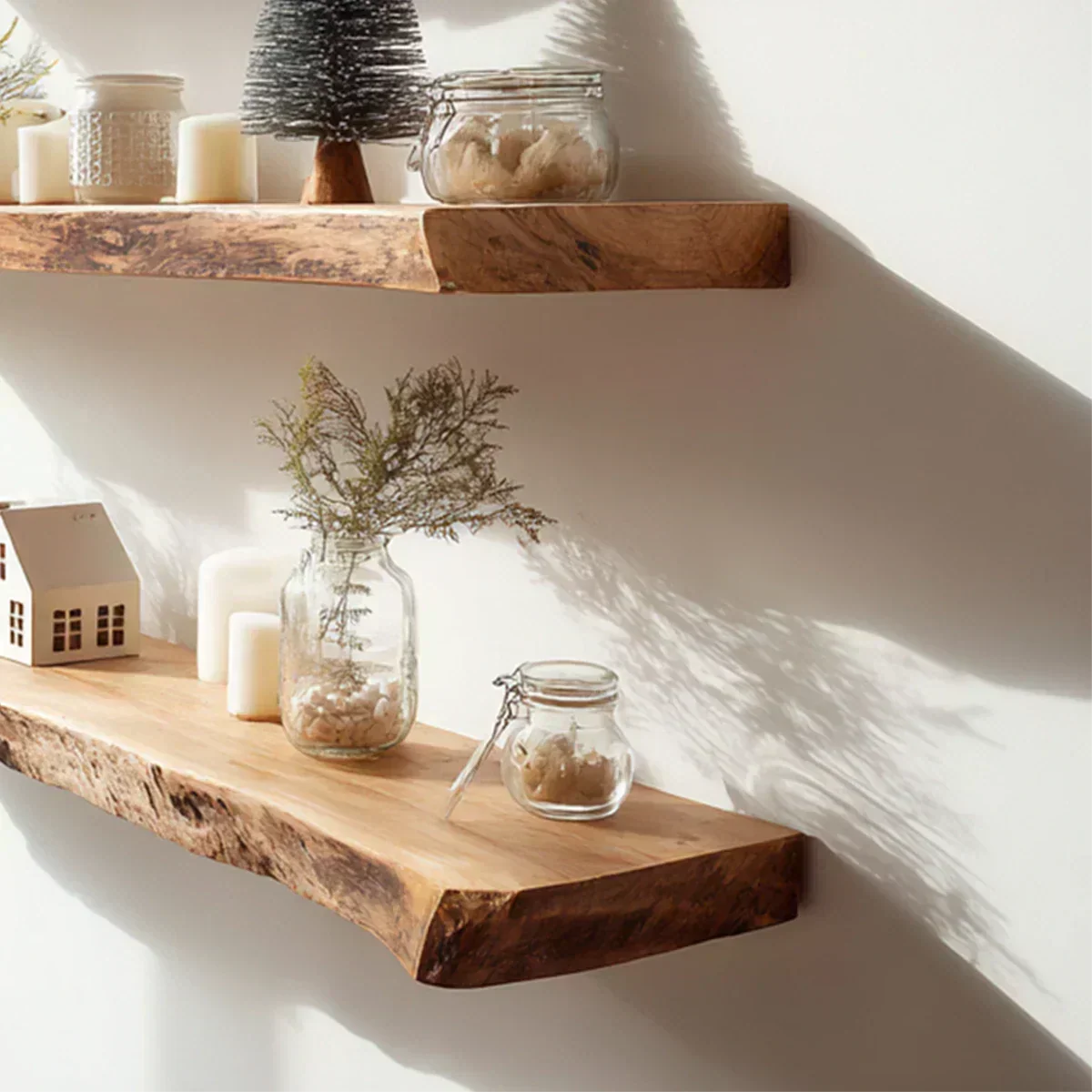 Live Edge Natural Solid Wood Floating Shelves – Warm Winter Light Edition - Rustirawood