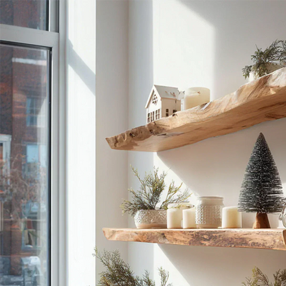 Live Edge Natural Solid Wood Floating Shelves – Warm Winter Light Edition - Rustirawood