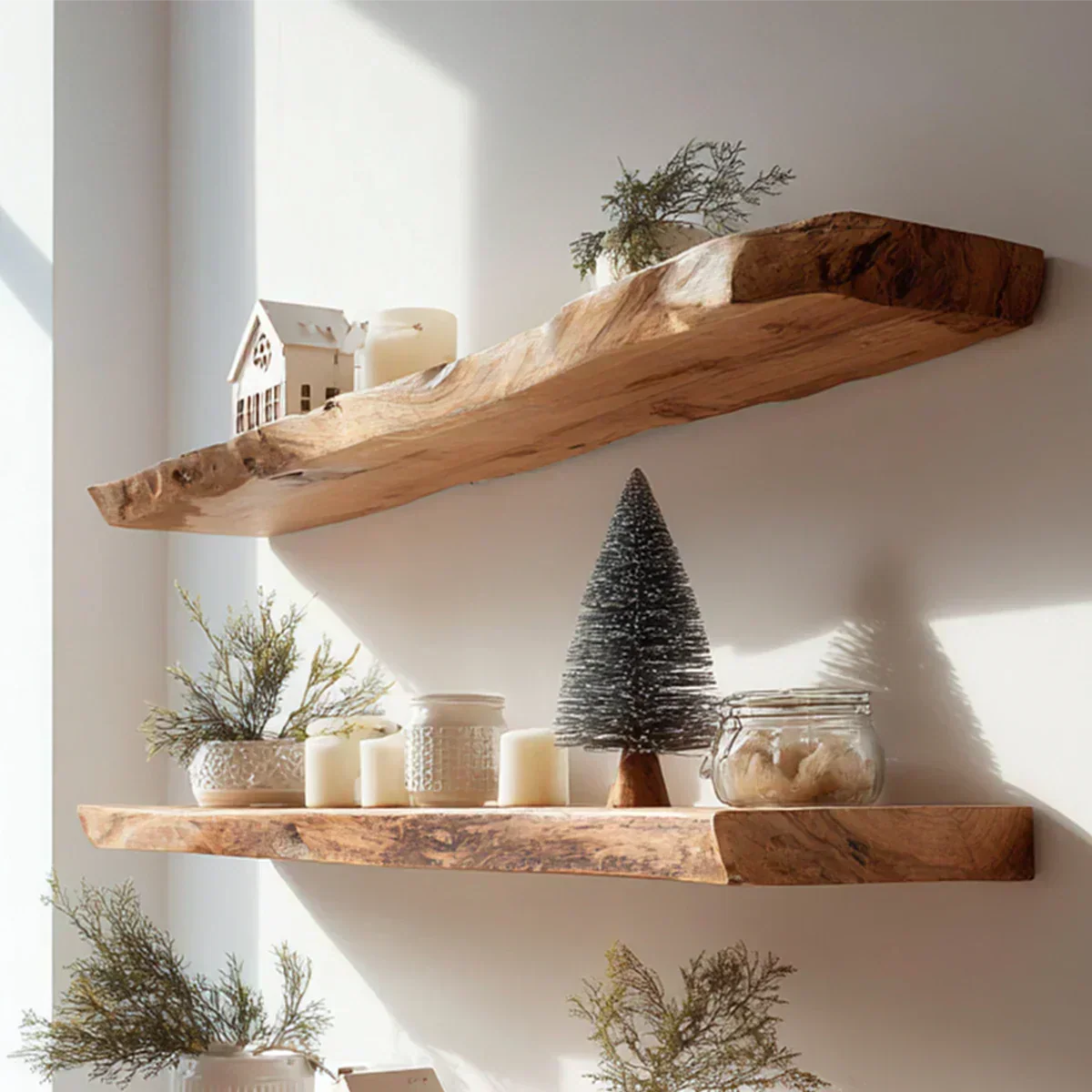 Live Edge Natural Solid Wood Floating Shelves – Warm Winter Light Edition - Rustirawood