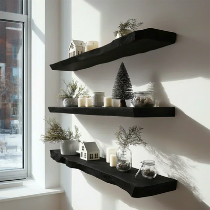 Live Edge Natural Solid Wood Floating Shelves – Warm Winter Light Edition - Rustirawood