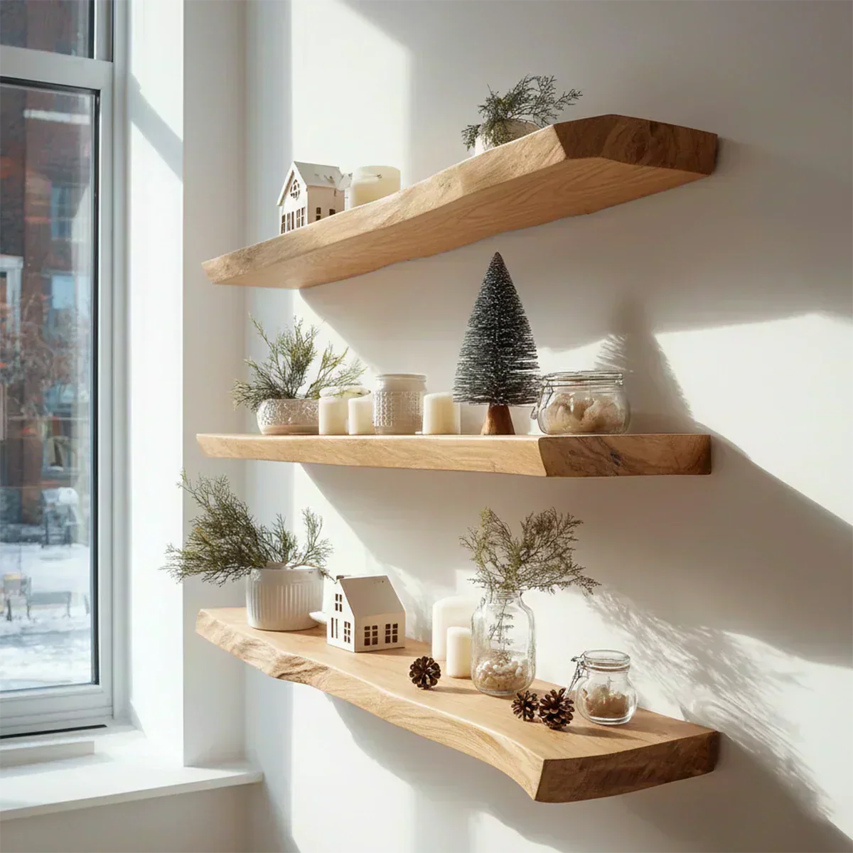Live Edge Natural Solid Wood Floating Shelves – Warm Winter Light Edition - Rustirawood
