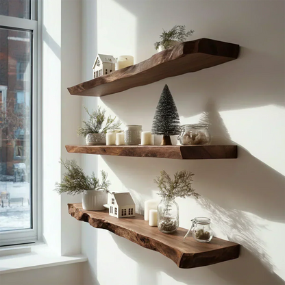 Live Edge Natural Solid Wood Floating Shelves – Warm Winter Light Edition - Rustirawood