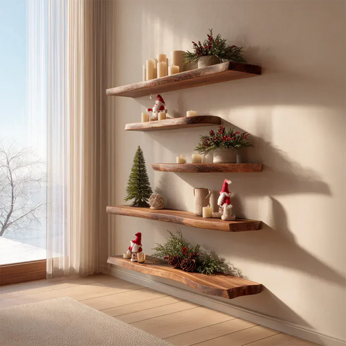 Live Edge Natural Solid Wood Floating Shelves – Winter Harmony Edition - Rustirawood