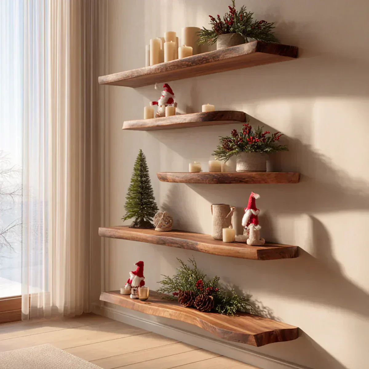 Live Edge Natural Solid Wood Floating Shelves – Winter Harmony Edition - Rustirawood