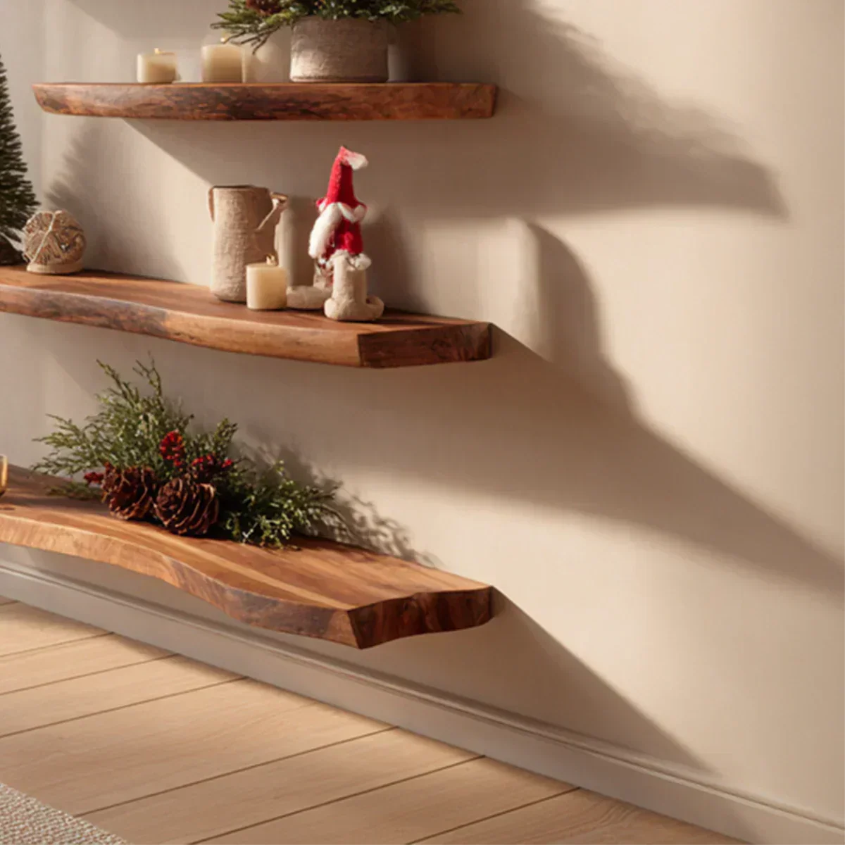 Live Edge Natural Solid Wood Floating Shelves – Winter Harmony Edition - Rustirawood