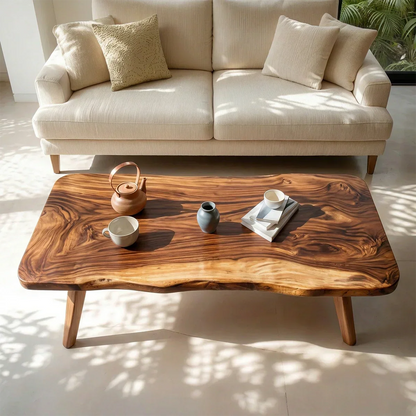 Live Edge Slab Coffee Table with Angled Legs in Natural Solid Wood - Rustirawood