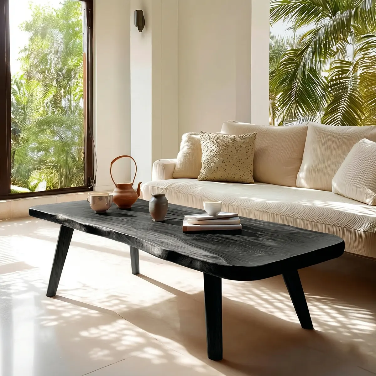 Live Edge Slab Coffee Table with Angled Legs in Natural Solid Wood - Rustirawood