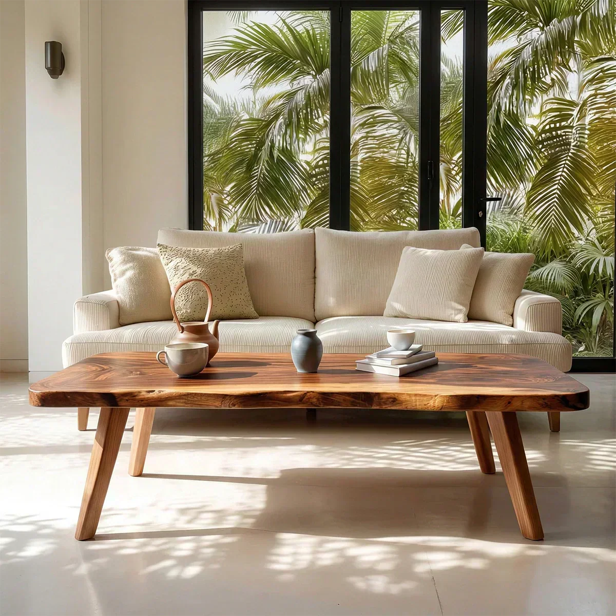 Live Edge Slab Coffee Table with Angled Legs in Natural Solid Wood - Woodenecho