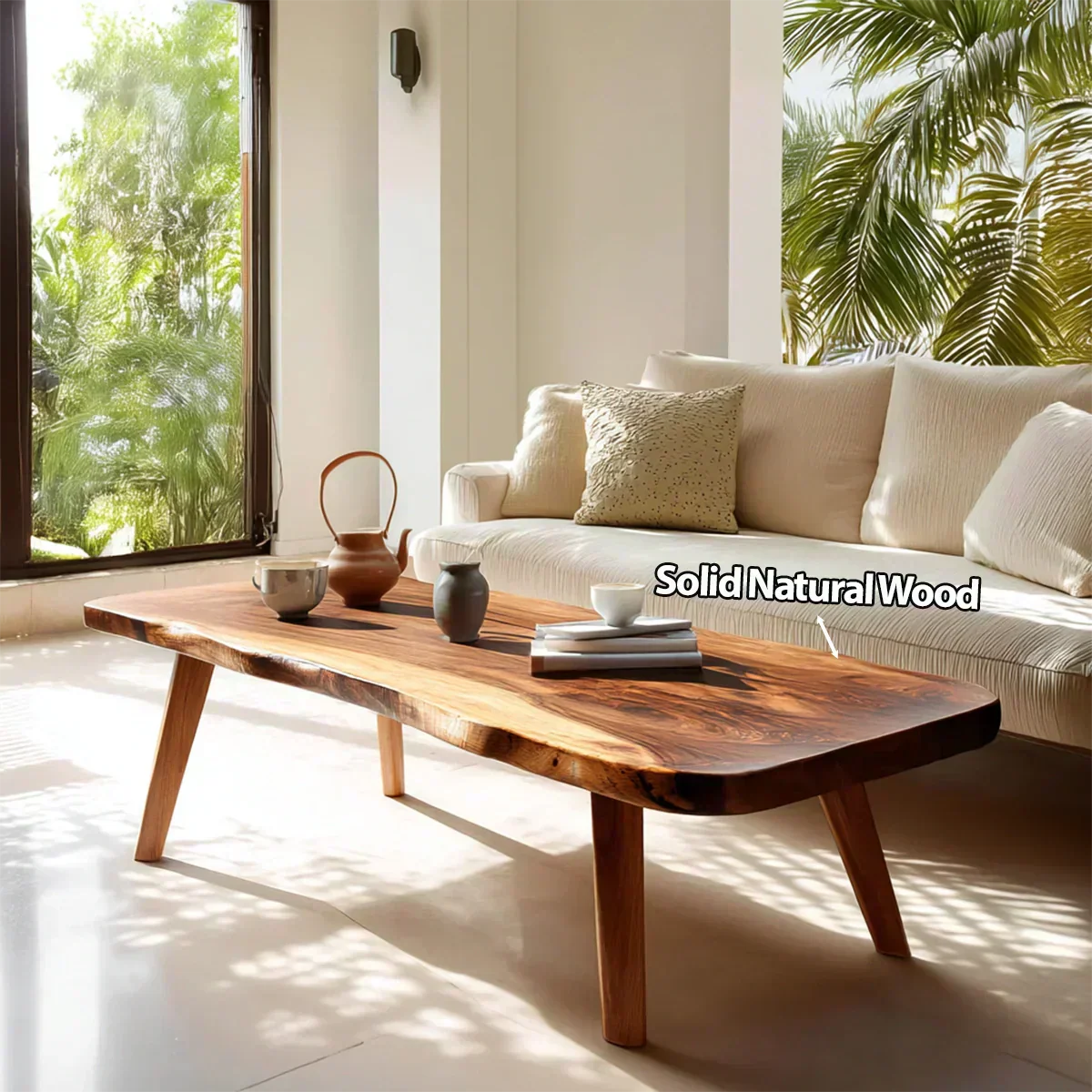 Live Edge Slab Coffee Table with Angled Legs in Natural Solid Wood - Woodenecho