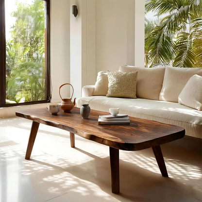 Live Edge Slab Coffee Table with Angled Legs in Natural Solid Wood - Woodenecho