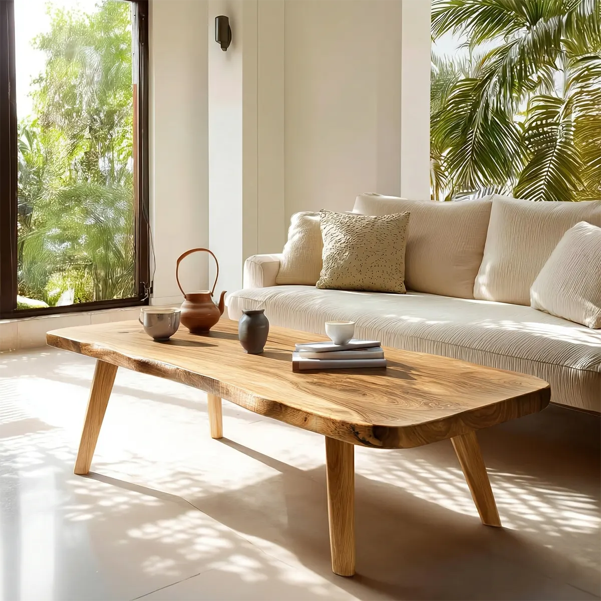 Live Edge Slab Coffee Table with Angled Legs in Natural Solid Wood - Woodenecho