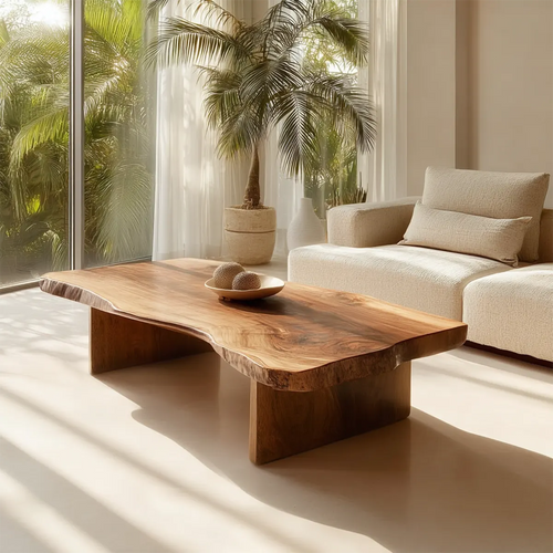 Live Edge Slab Coffee Table with Double Block Base in Natural Solid Wood - Rustirawood