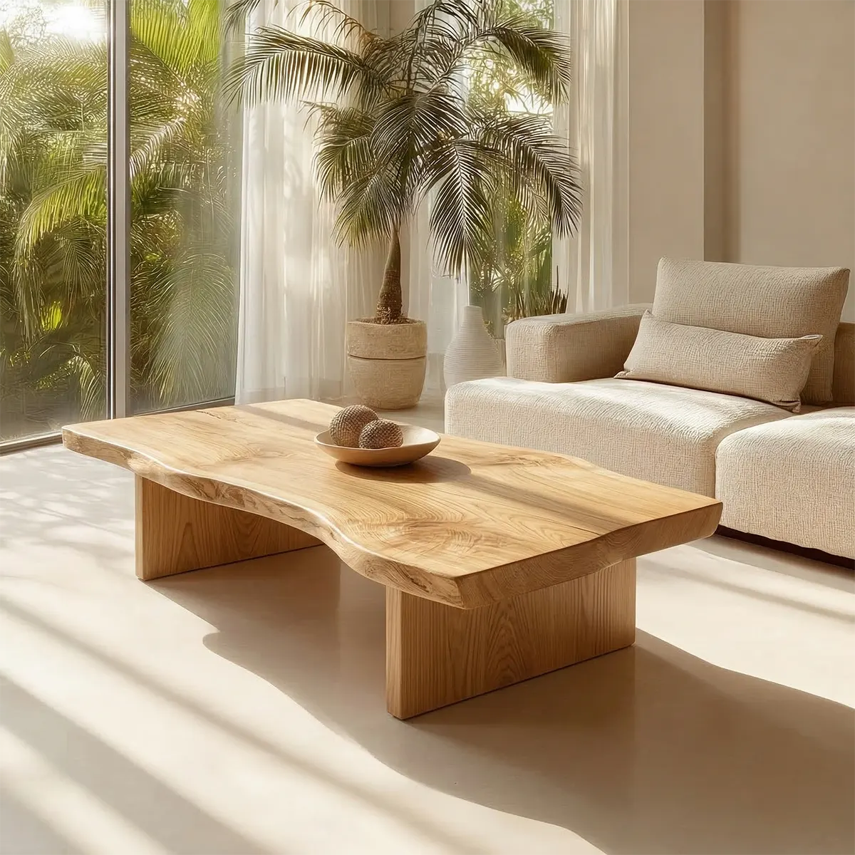 Live Edge Slab Coffee Table with Double Block Base in Natural Solid Wood - Rustirawood