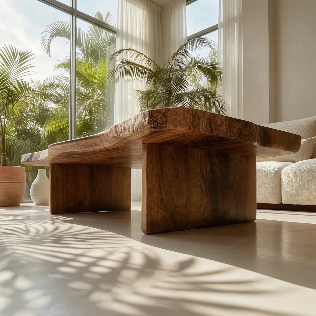 Live Edge Slab Coffee Table with Double Block Base in Natural Solid Wood - Rustirawood