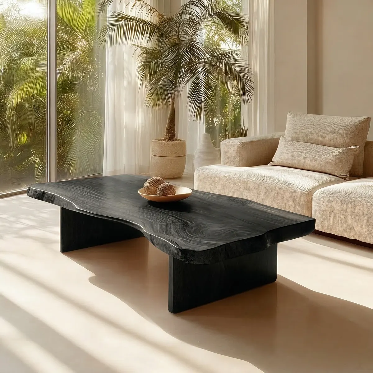 Live Edge Slab Coffee Table with Double Block Base in Natural Solid Wood - Rustirawood