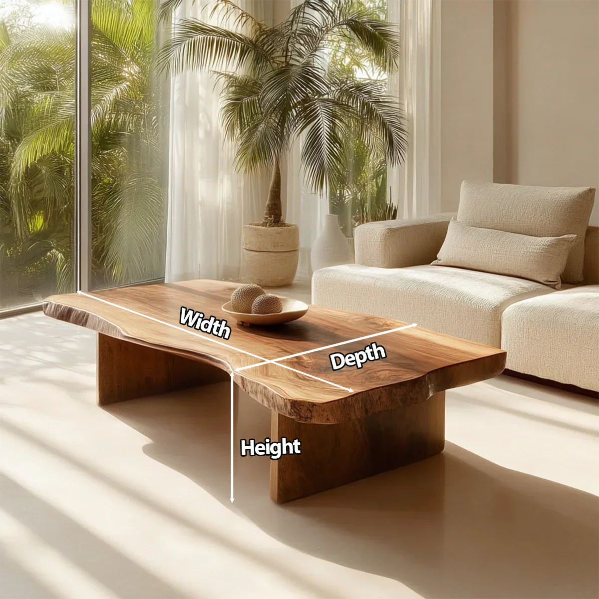 Live Edge Slab Coffee Table with Double Block Base in Natural Solid Wood - Rustirawood