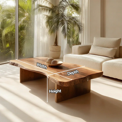 Live Edge Slab Coffee Table with Double Block Base in Natural Solid Wood - Rustirawood