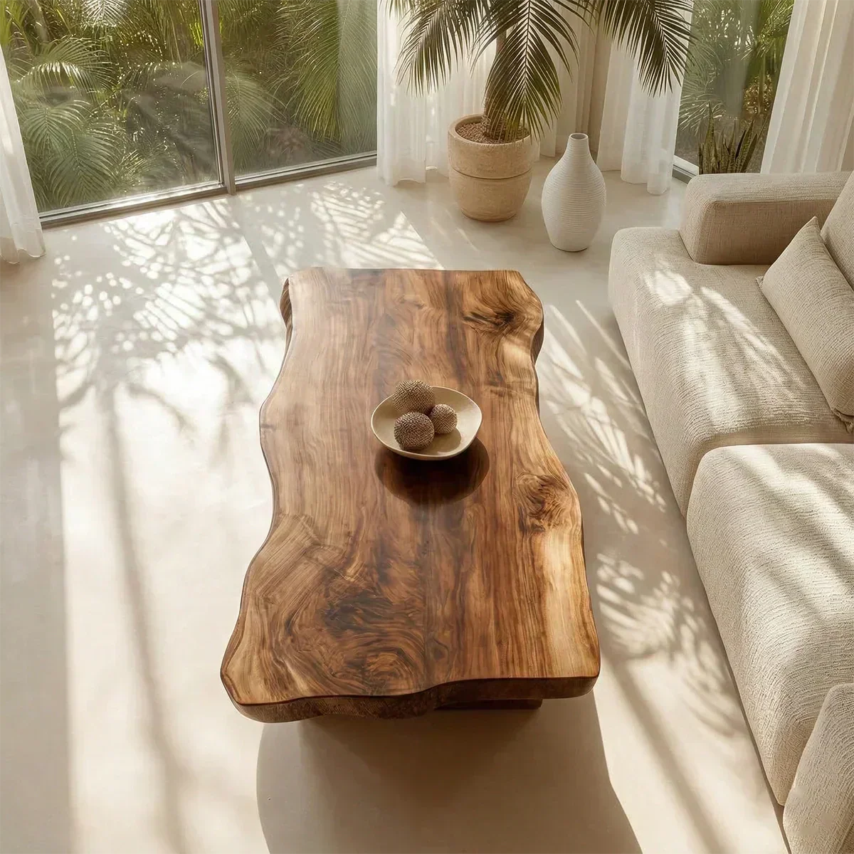 Live Edge Slab Coffee Table with Double Block Base in Natural Solid Wood - Woodenecho