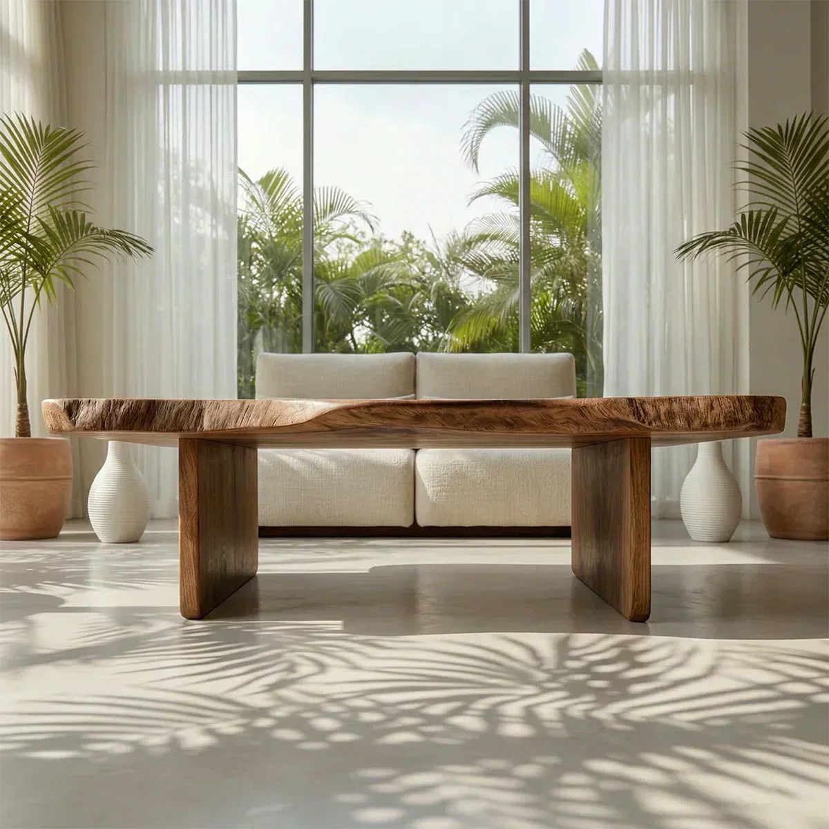 Live Edge Slab Coffee Table with Double Block Base in Natural Solid Wood - Woodenecho