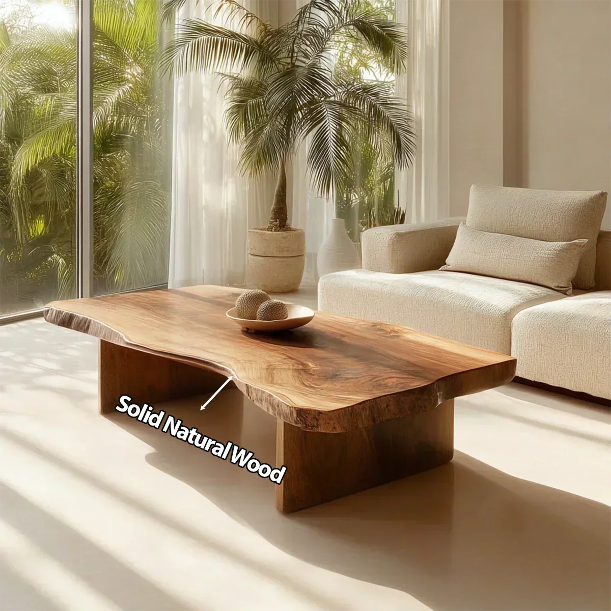 Live Edge Slab Coffee Table with Double Block Base in Natural Solid Wood - Woodenecho