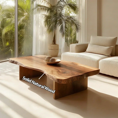 Live Edge Slab Coffee Table with Double Block Base in Natural Solid Wood - Woodenecho