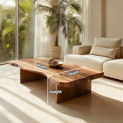 Live Edge Slab Coffee Table with Double Block Base in Natural Solid Wood - Woodenecho