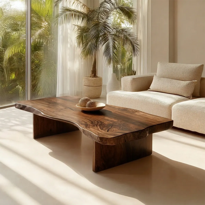 Live Edge Slab Coffee Table with Double Block Base in Natural Solid Wood - Woodenecho